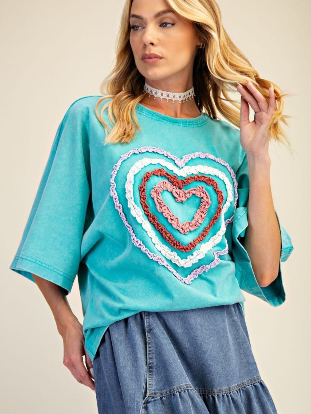 "Heart Rays" French Terry Top in Aqua